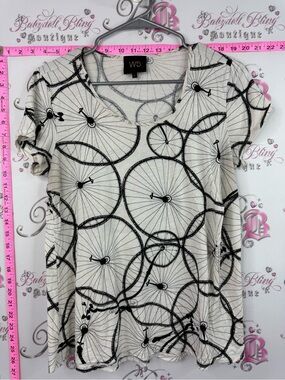 W5 T-shirt bikes Cream and Black Bicycle Wheel Print Short Sleeve Tee